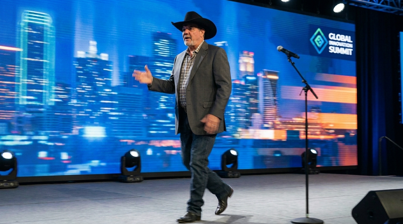 Victor walking across a conference stage