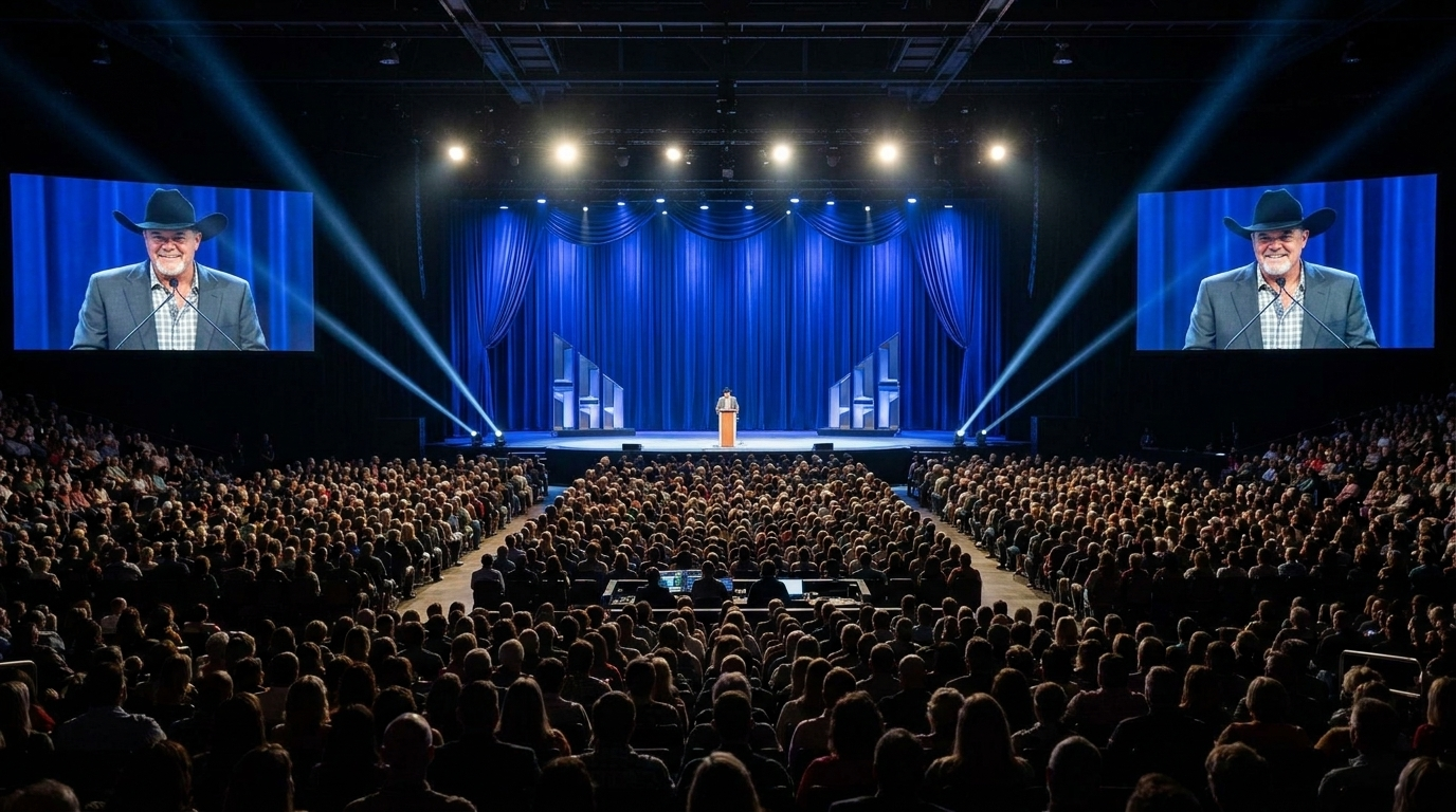 Victor speaking on a large blue-lit main stage
