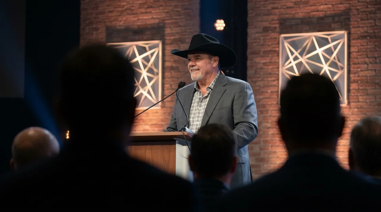 Victor speaking with an audience in view